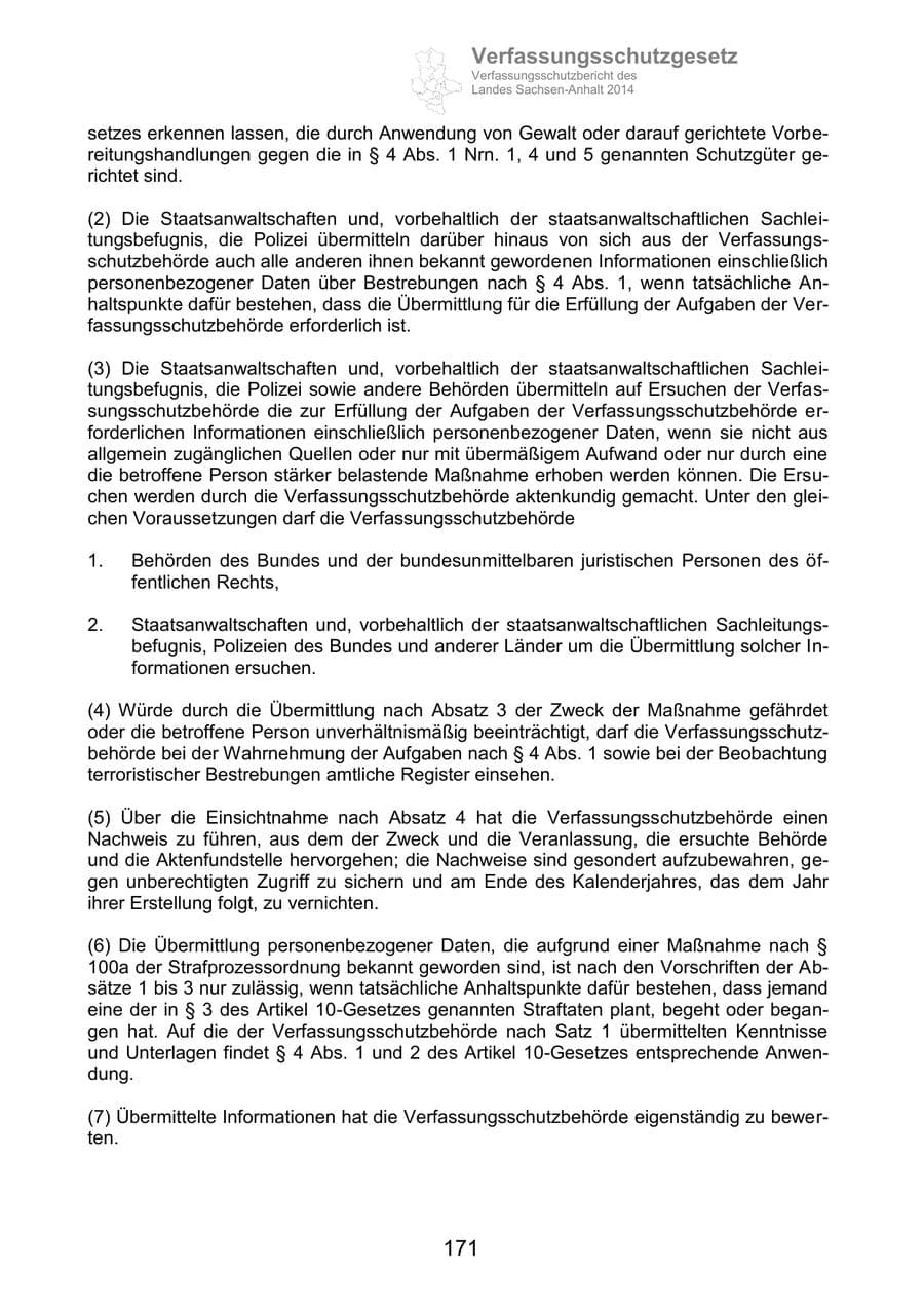 Seite 171 des Verfassungsschutzbericht 2014 Sachsen-Anhalt
