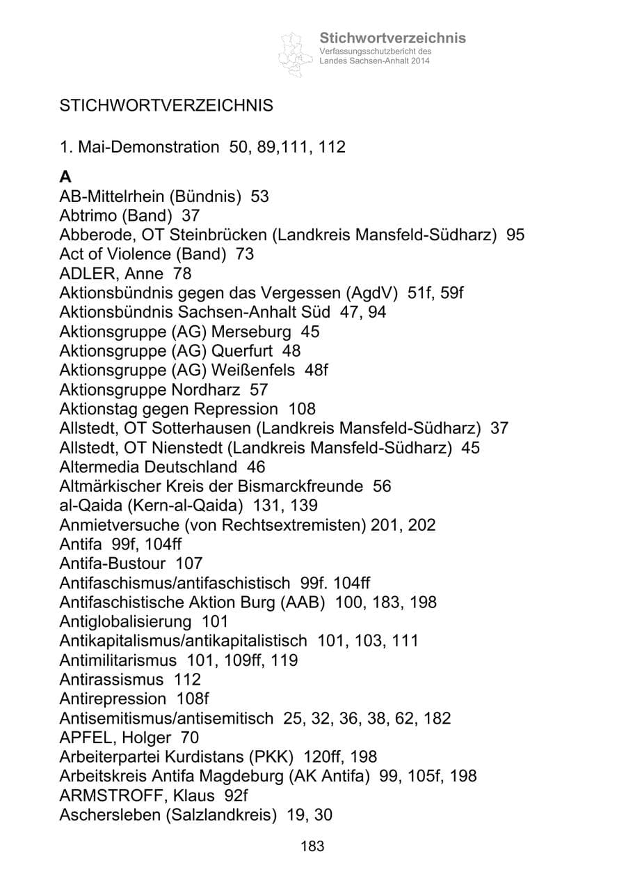 Seite 183 des Verfassungsschutzbericht 2014 Sachsen-Anhalt