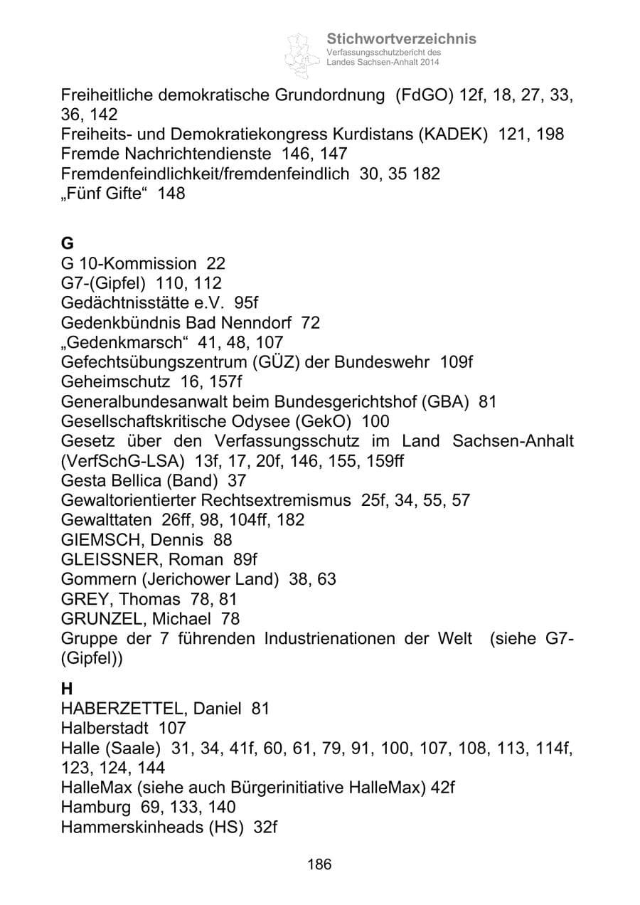 Seite 186 des Verfassungsschutzbericht 2014 Sachsen-Anhalt