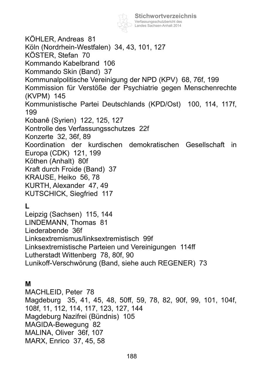 Seite 188 des Verfassungsschutzbericht 2014 Sachsen-Anhalt
