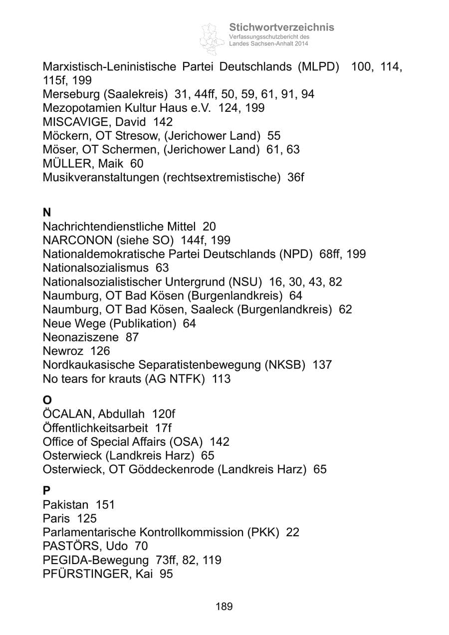 Seite 189 des Verfassungsschutzbericht 2014 Sachsen-Anhalt