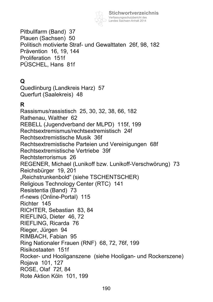 Seite 190 des Verfassungsschutzbericht 2014 Sachsen-Anhalt