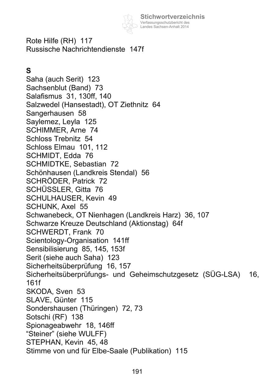 Seite 191 des Verfassungsschutzbericht 2014 Sachsen-Anhalt