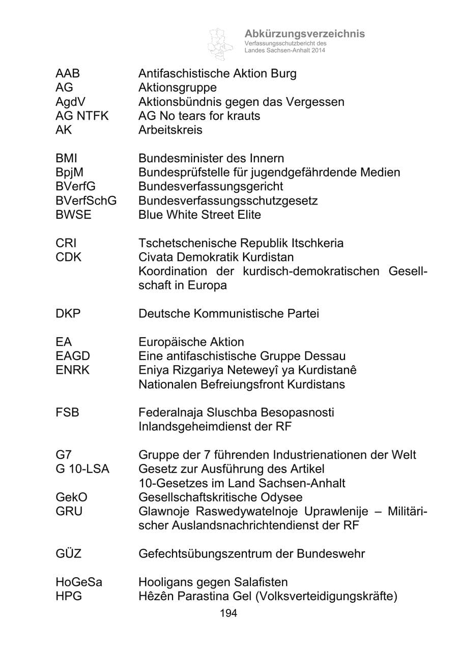 Seite 194 des Verfassungsschutzbericht 2014 Sachsen-Anhalt
