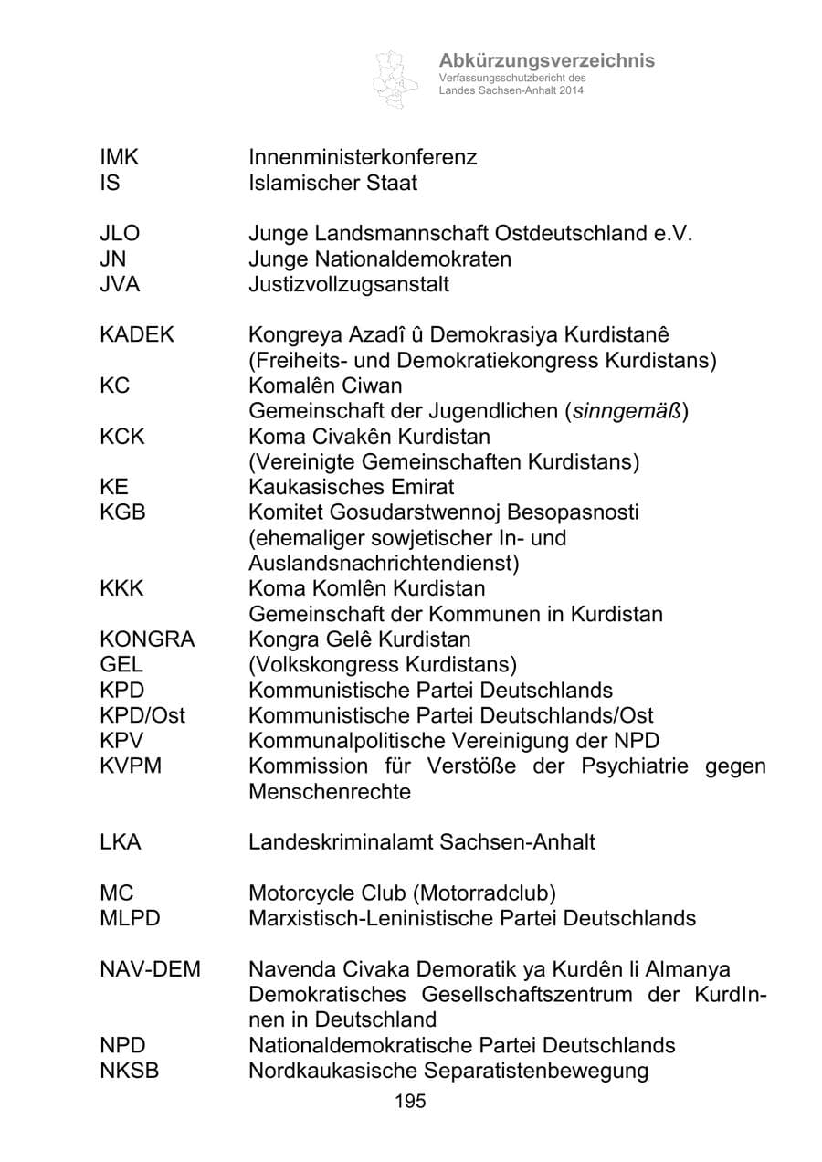 Seite 195 des Verfassungsschutzbericht 2014 Sachsen-Anhalt