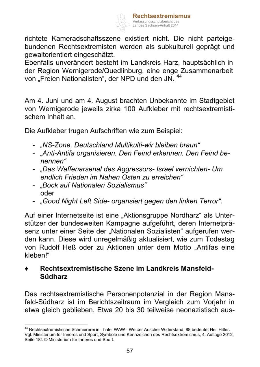 Seite 57 des Verfassungsschutzbericht 2014 Sachsen-Anhalt