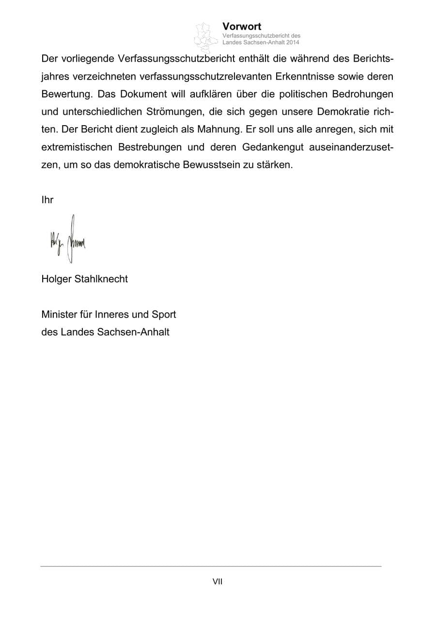 Seite 7 des Verfassungsschutzbericht 2014 Sachsen-Anhalt