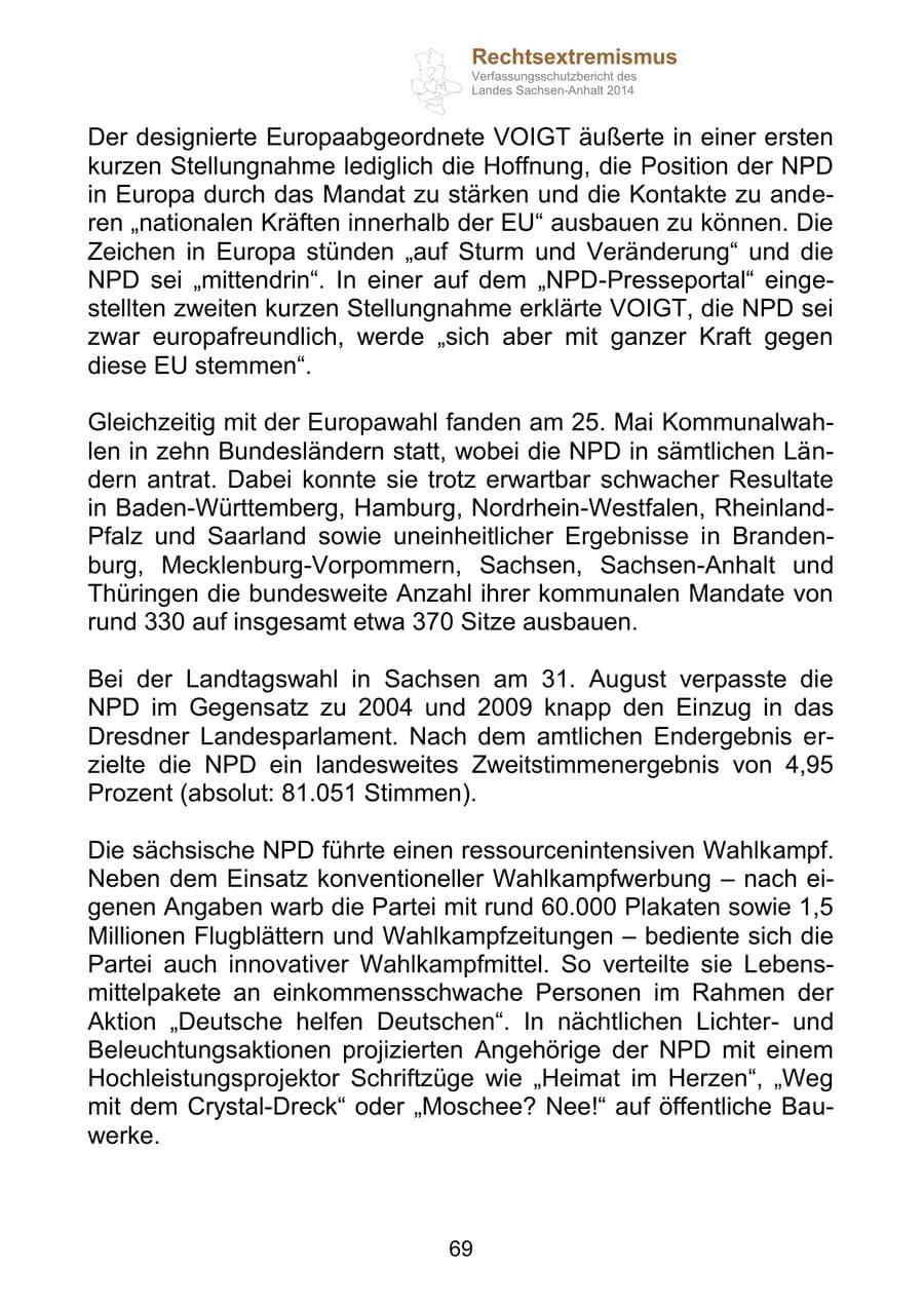 Seite 69 des Verfassungsschutzbericht 2014 Sachsen-Anhalt