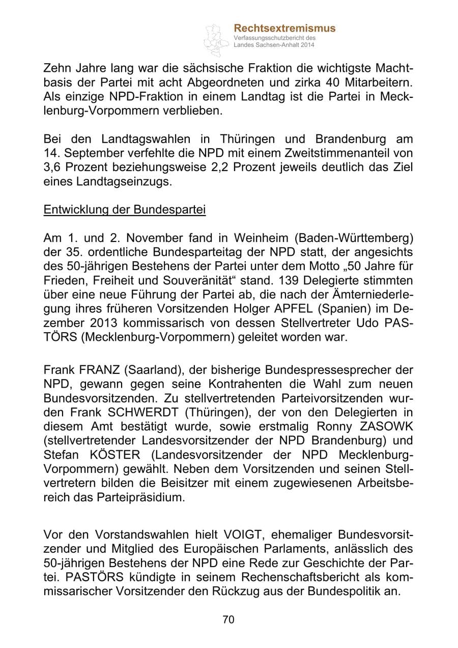 Seite 70 des Verfassungsschutzbericht 2014 Sachsen-Anhalt