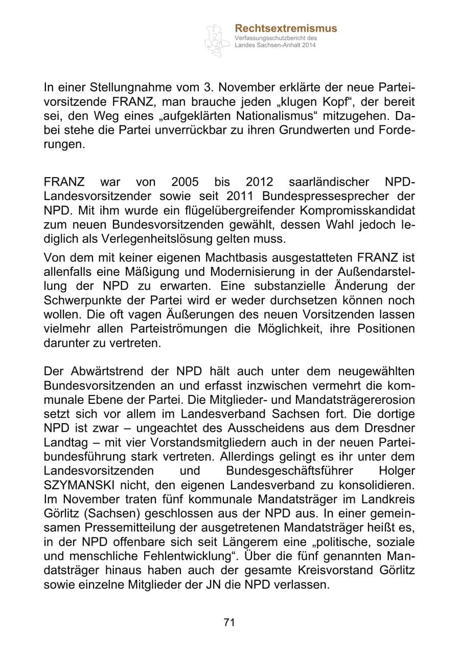 Seite 71 des Verfassungsschutzbericht 2014 Sachsen-Anhalt