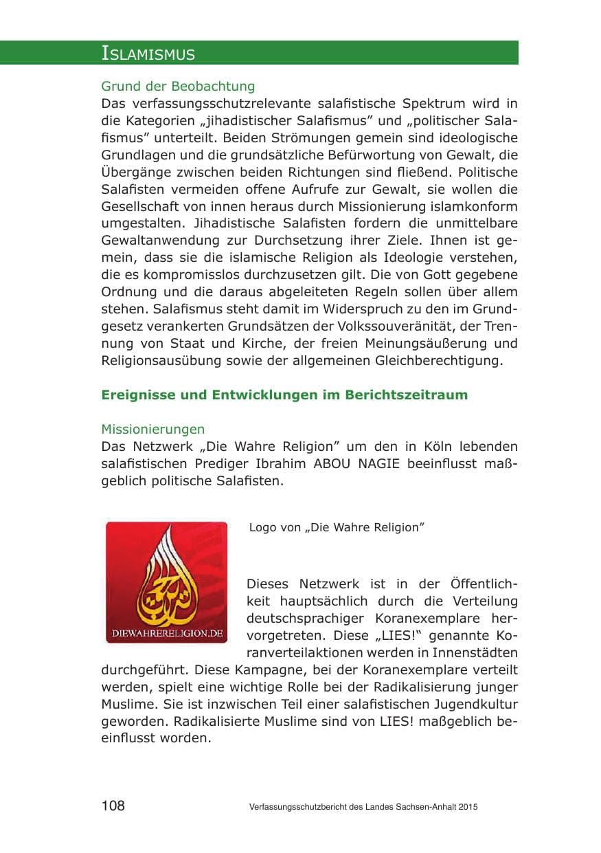 Seite 108 des Verfassungsschutzbericht 2015 Sachsen-Anhalt