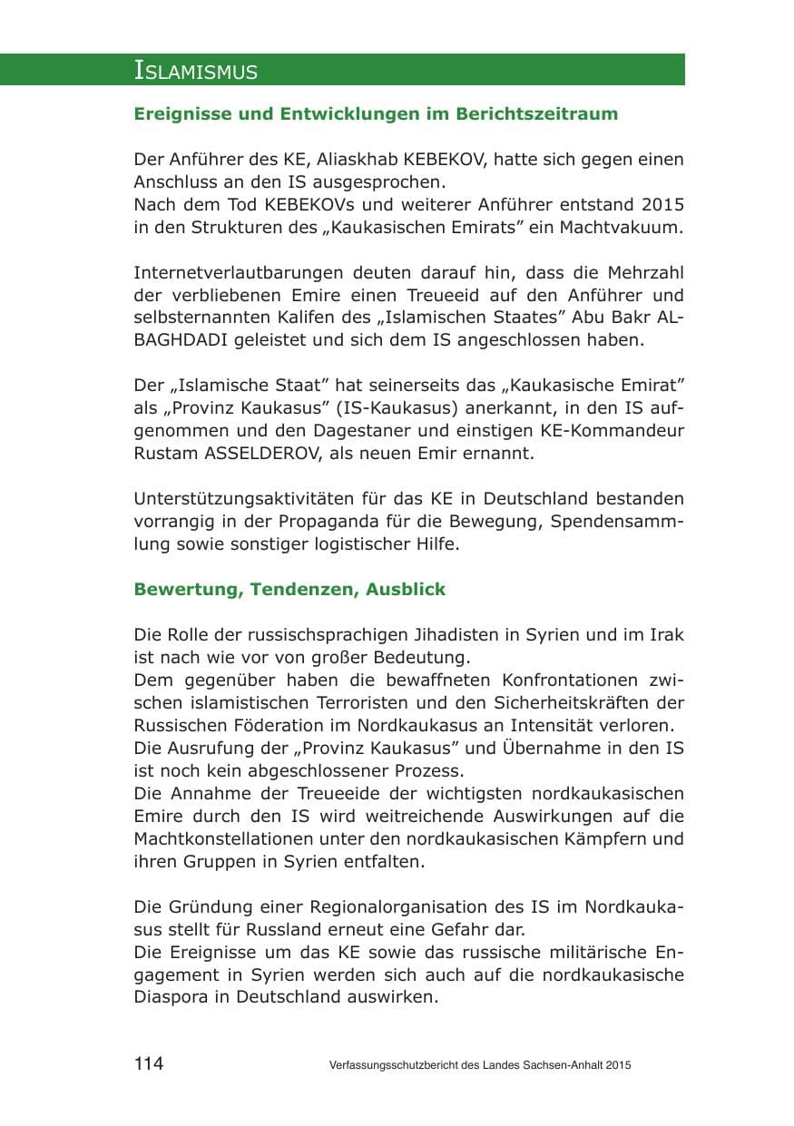 Seite 114 des Verfassungsschutzbericht 2015 Sachsen-Anhalt