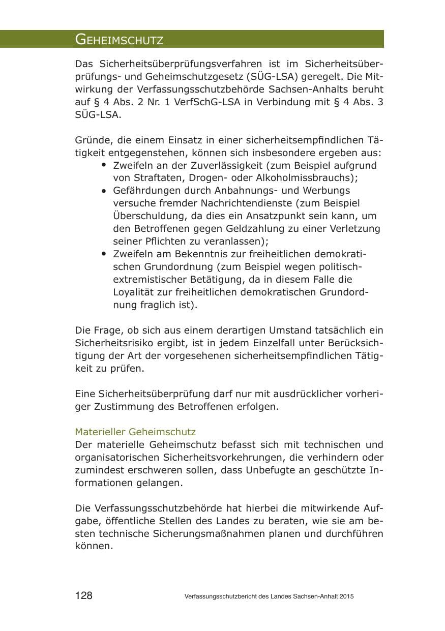 Seite 128 des Verfassungsschutzbericht 2015 Sachsen-Anhalt