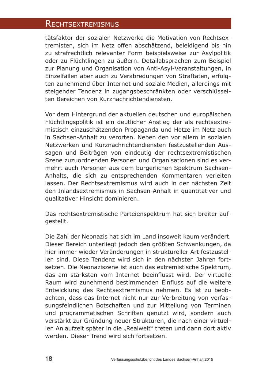 Seite 18 des Verfassungsschutzbericht 2015 Sachsen-Anhalt