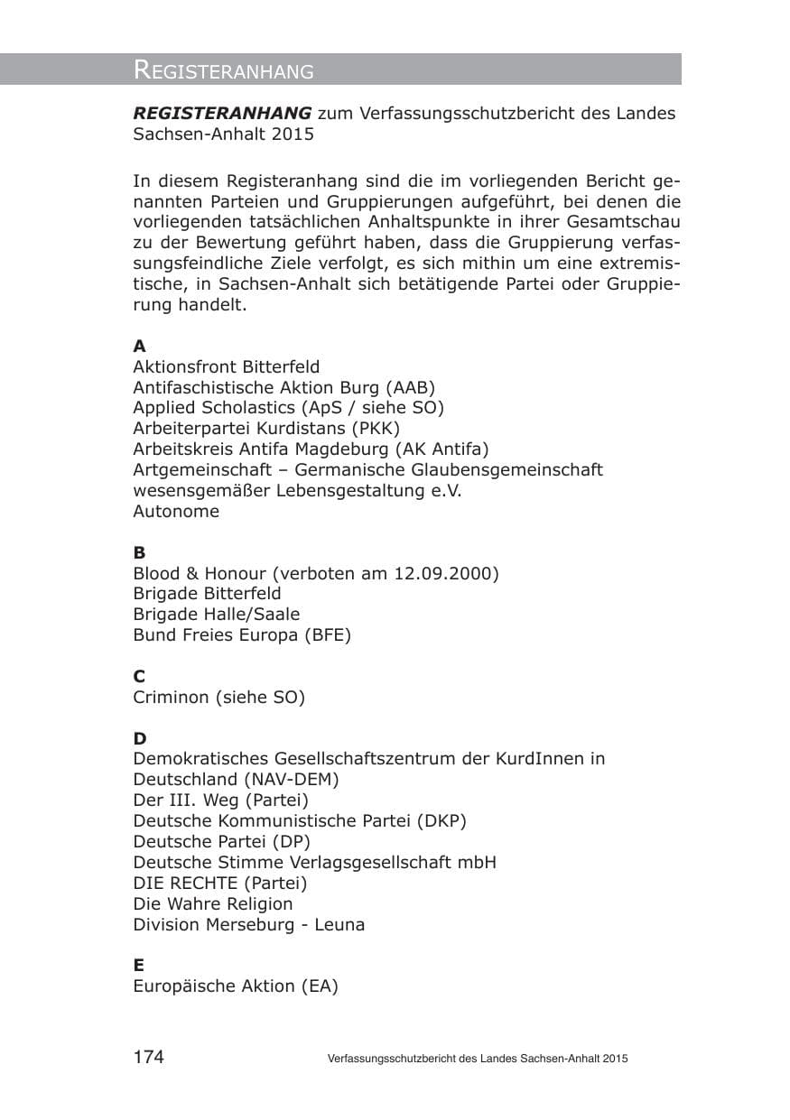 Seite 174 des Verfassungsschutzbericht 2015 Sachsen-Anhalt