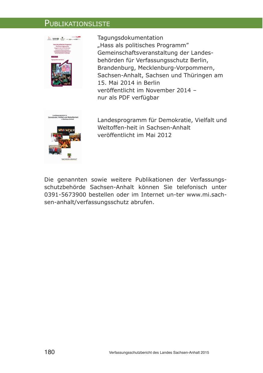 Seite 180 des Verfassungsschutzbericht 2015 Sachsen-Anhalt