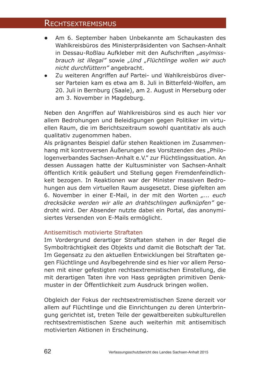 Seite 62 des Verfassungsschutzbericht 2015 Sachsen-Anhalt