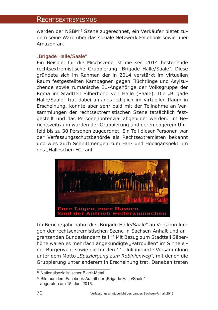 Seite 70 des Verfassungsschutzbericht 2015 Sachsen-Anhalt