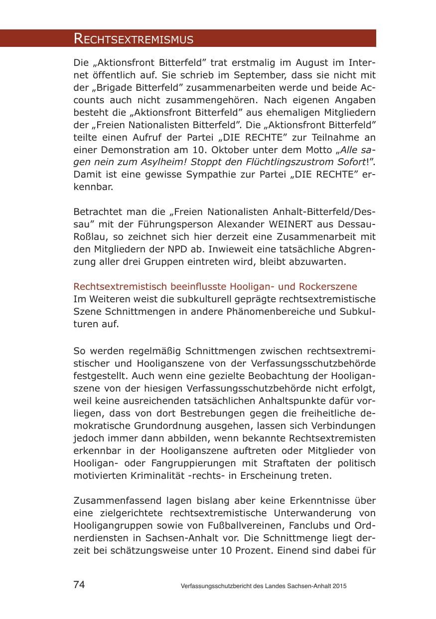 Seite 74 des Verfassungsschutzbericht 2015 Sachsen-Anhalt