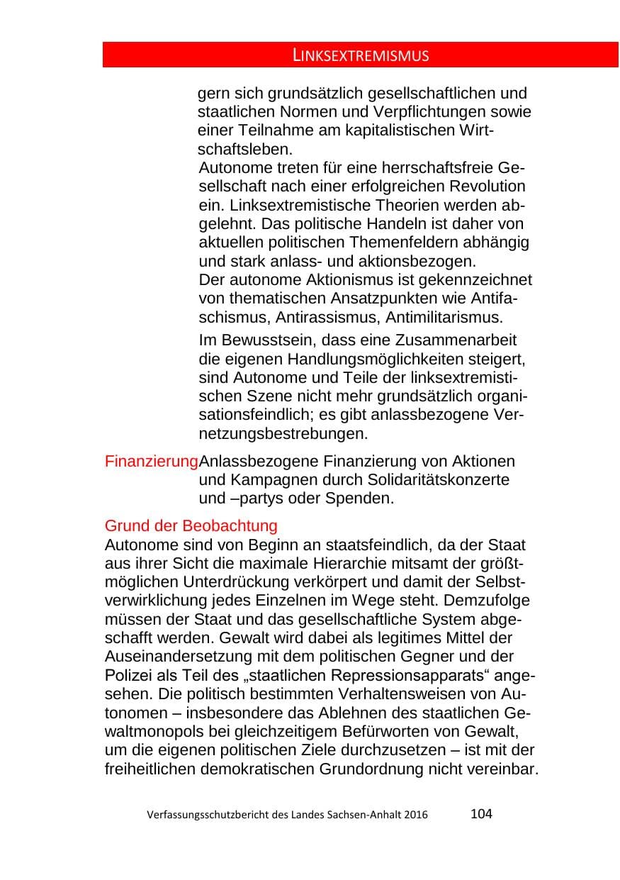 Seite 104 des Verfassungsschutzbericht 2016 Sachsen-Anhalt