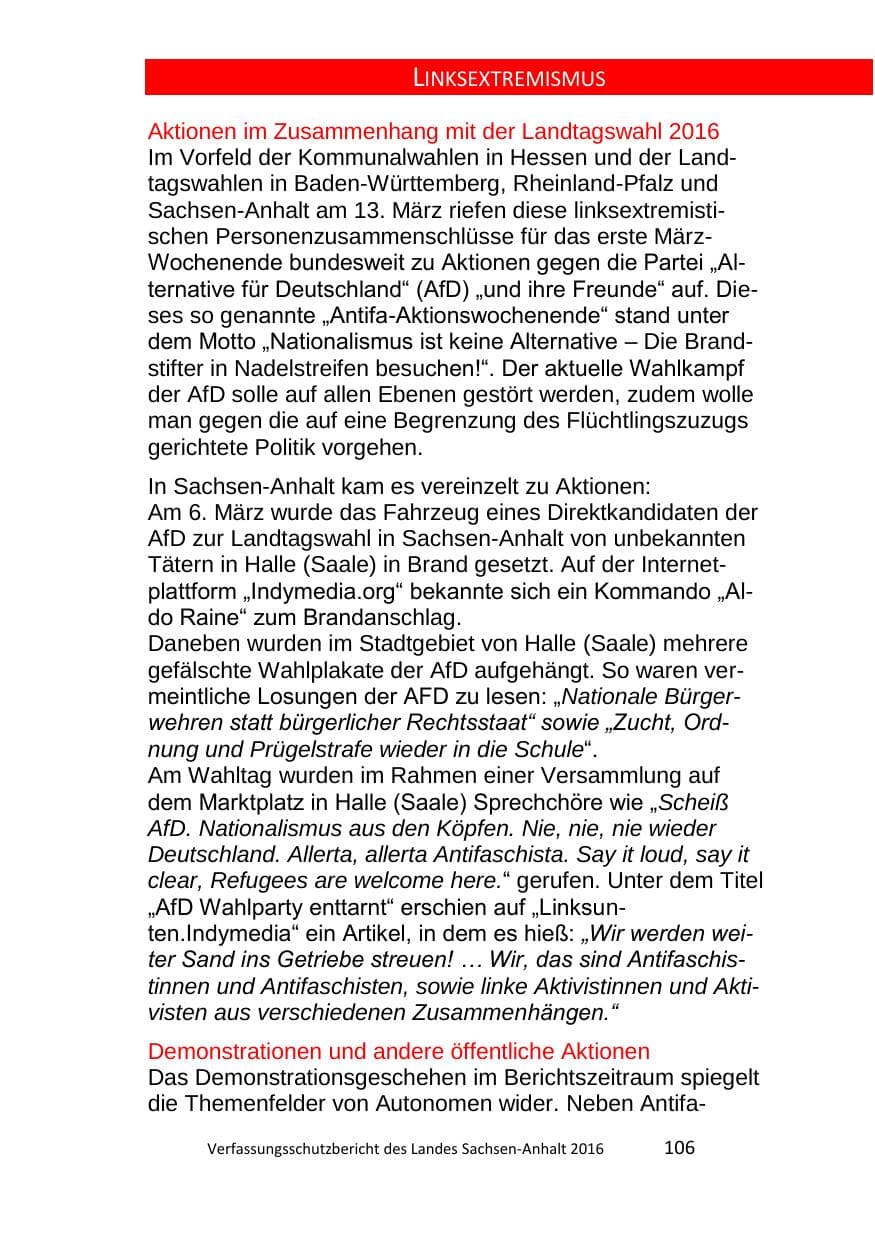 Seite 106 des Verfassungsschutzbericht 2016 Sachsen-Anhalt