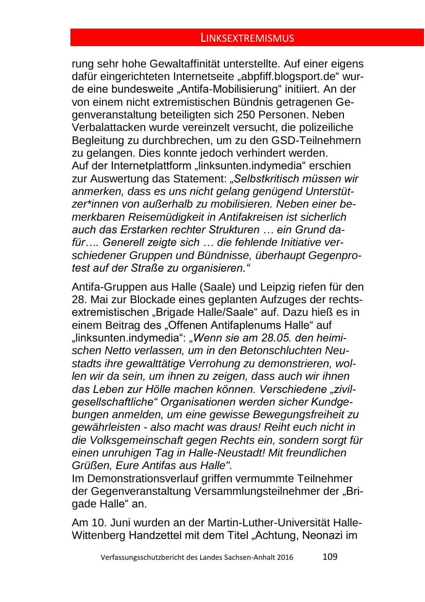 Seite 109 des Verfassungsschutzbericht 2016 Sachsen-Anhalt