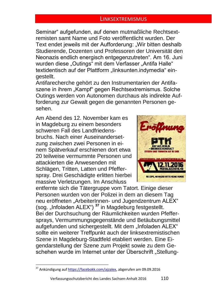 Seite 110 des Verfassungsschutzbericht 2016 Sachsen-Anhalt