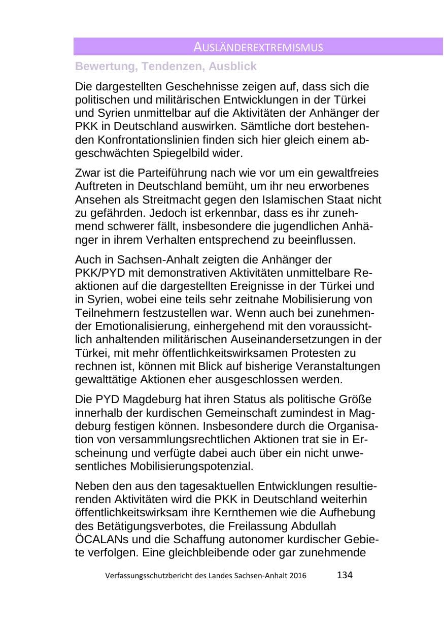 Seite 134 des Verfassungsschutzbericht 2016 Sachsen-Anhalt