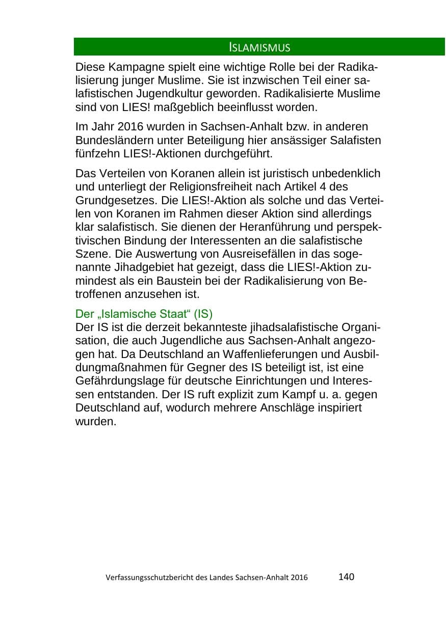 Seite 140 des Verfassungsschutzbericht 2016 Sachsen-Anhalt