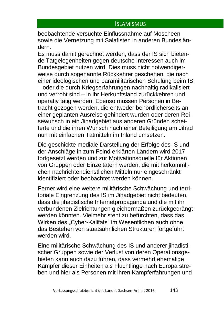 Seite 143 des Verfassungsschutzbericht 2016 Sachsen-Anhalt