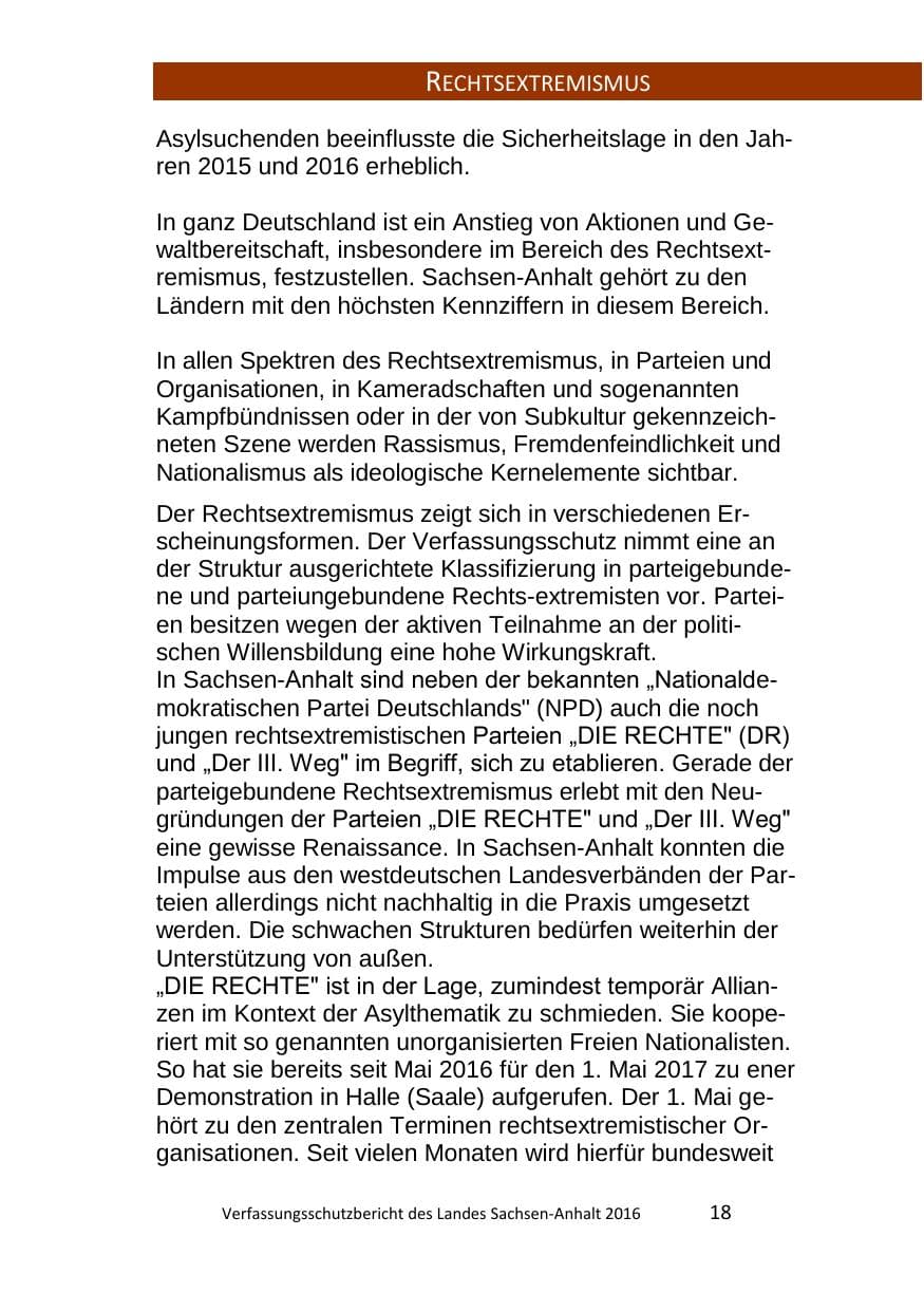 Seite 18 des Verfassungsschutzbericht 2016 Sachsen-Anhalt