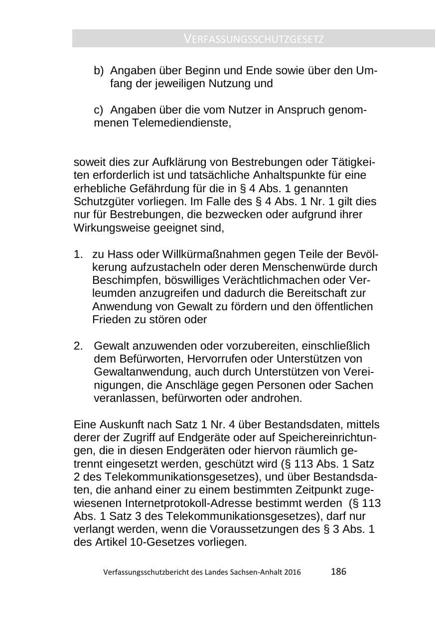 Seite 186 des Verfassungsschutzbericht 2016 Sachsen-Anhalt
