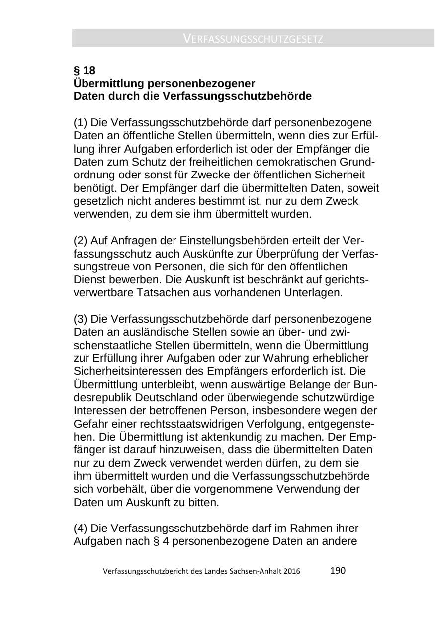 Seite 190 des Verfassungsschutzbericht 2016 Sachsen-Anhalt