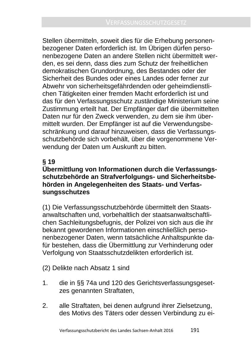 Seite 191 des Verfassungsschutzbericht 2016 Sachsen-Anhalt