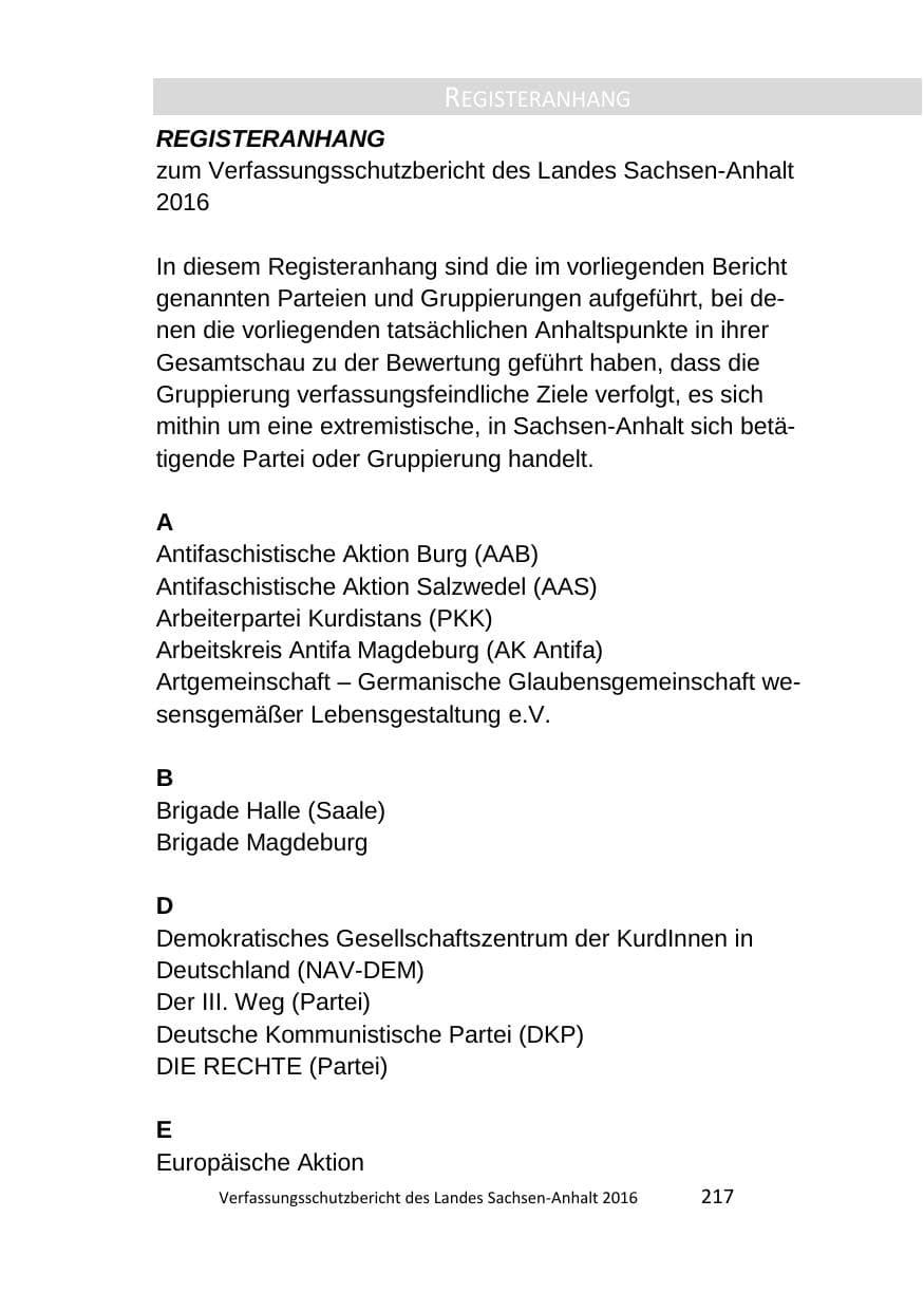 Seite 217 des Verfassungsschutzbericht 2016 Sachsen-Anhalt