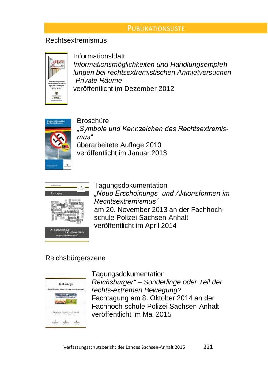 Seite 221 des Verfassungsschutzbericht 2016 Sachsen-Anhalt