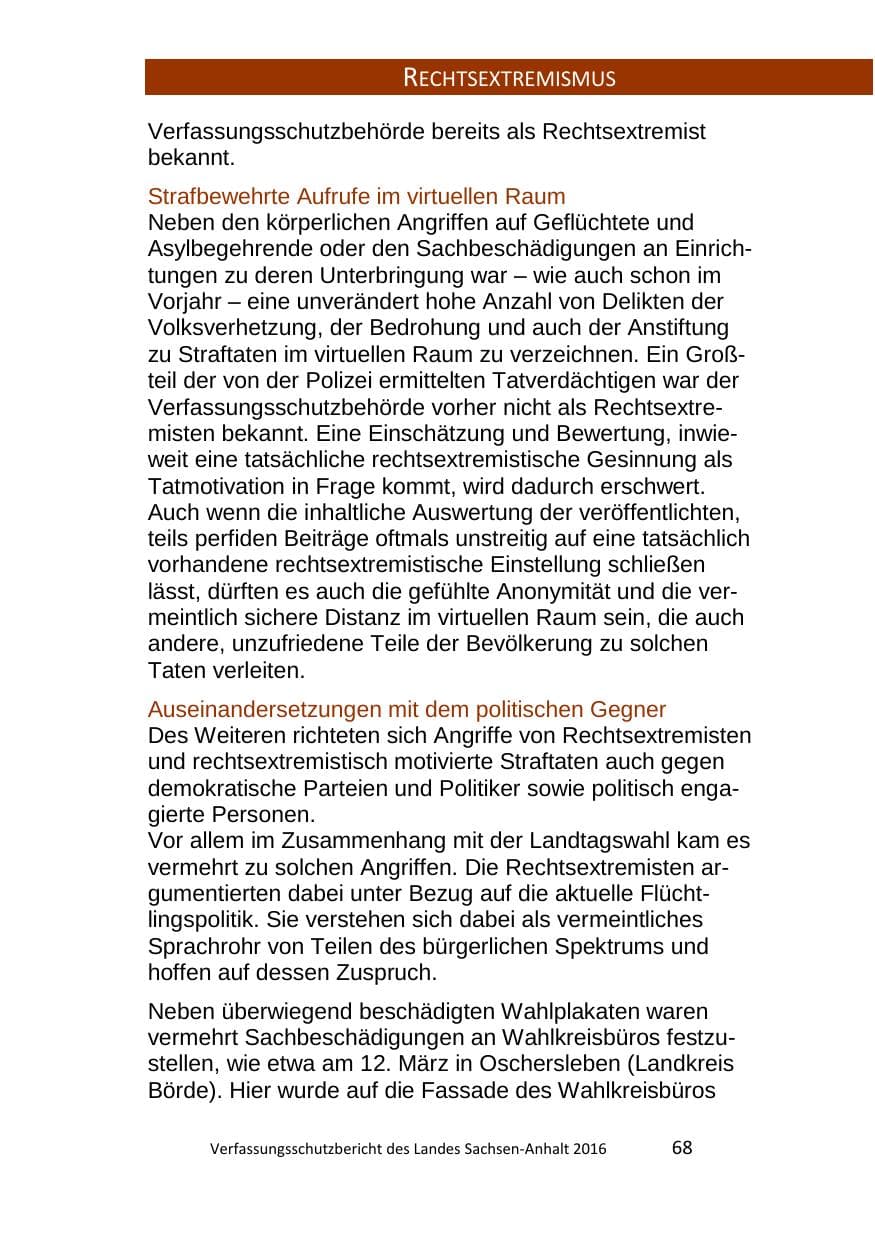Seite 68 des Verfassungsschutzbericht 2016 Sachsen-Anhalt