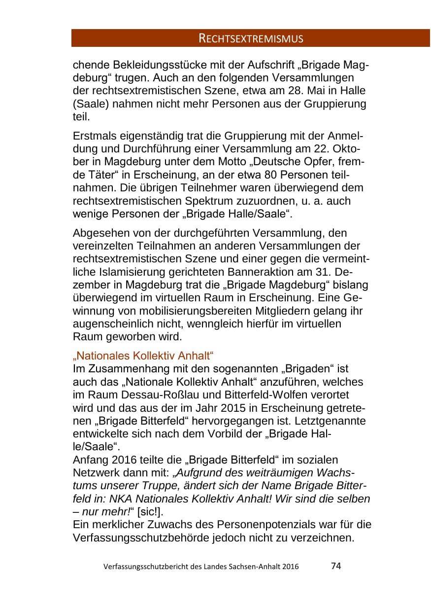 Seite 74 des Verfassungsschutzbericht 2016 Sachsen-Anhalt