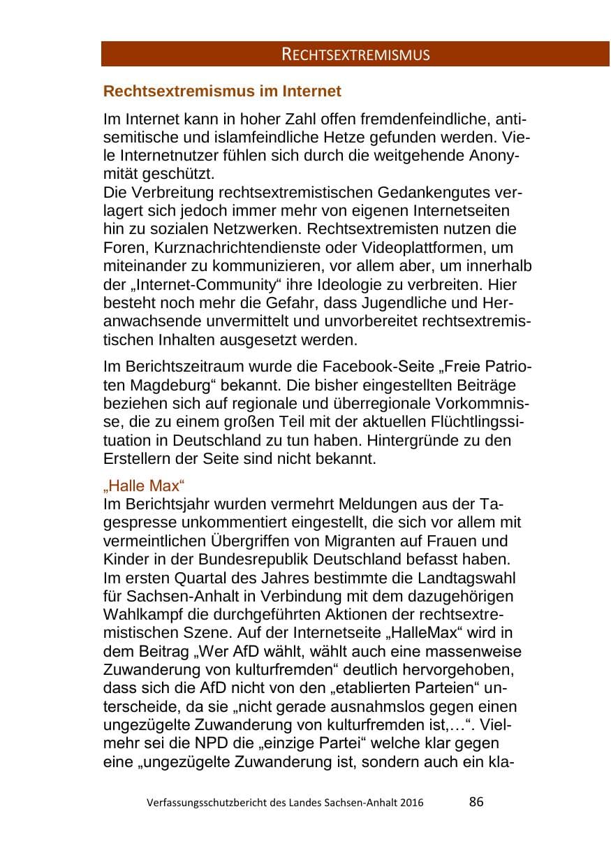 Seite 86 des Verfassungsschutzbericht 2016 Sachsen-Anhalt