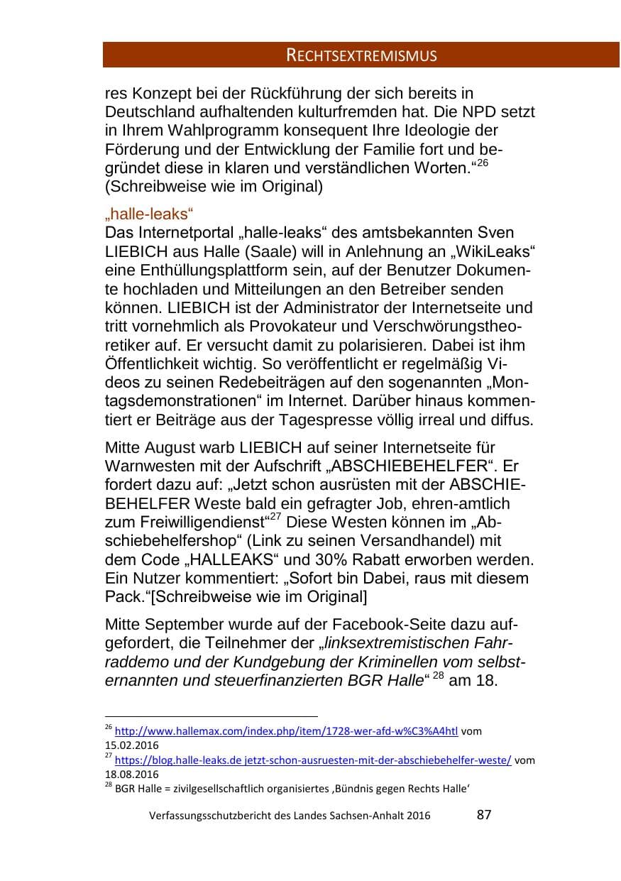 Seite 87 des Verfassungsschutzbericht 2016 Sachsen-Anhalt