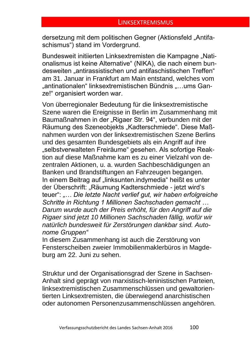 Seite 100 des Verfassungsschutzbericht 2016 Sachsen-Anhalt