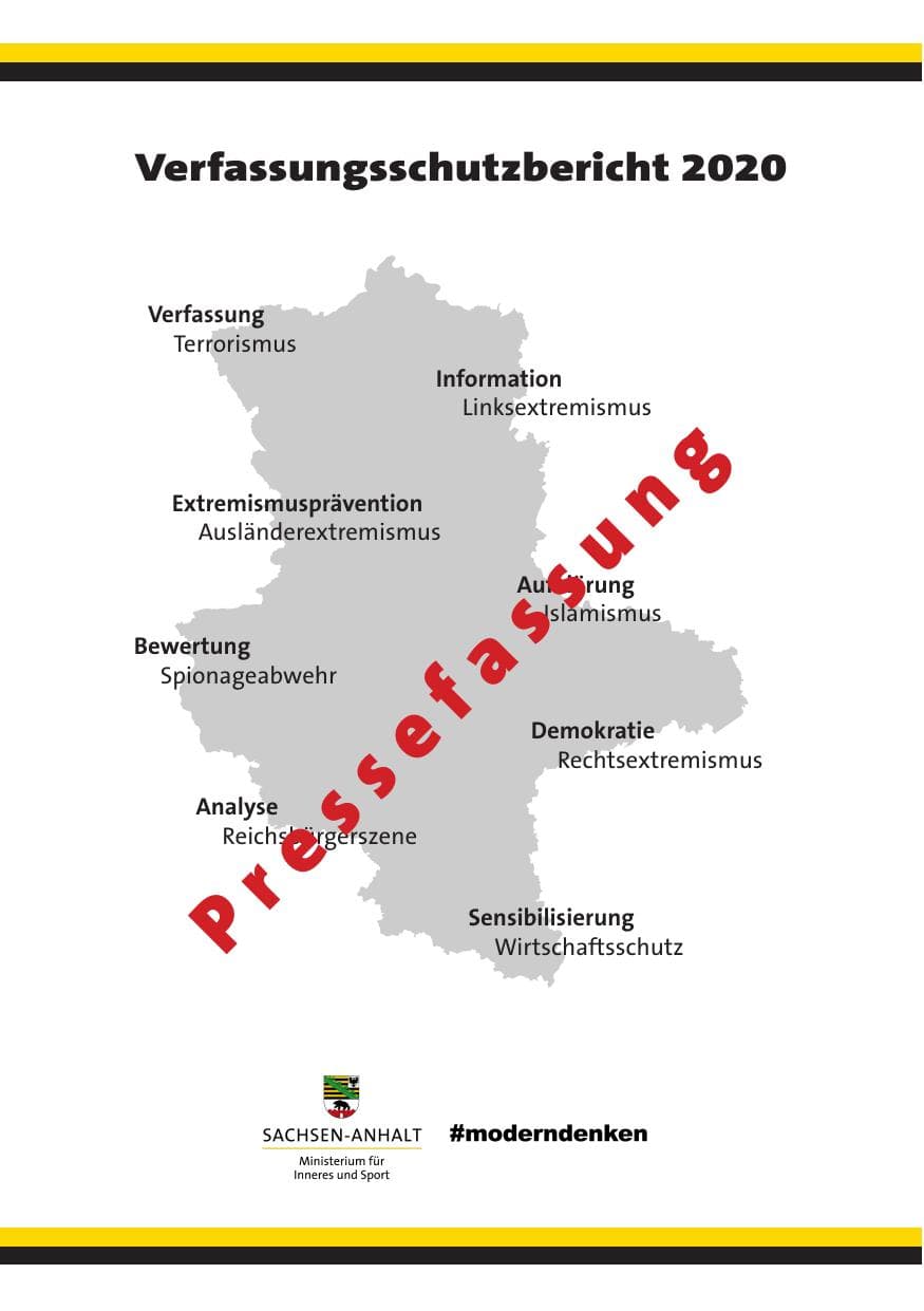 Seite 1 des Verfassungsschutzbericht 2020 Sachsen-Anhalt