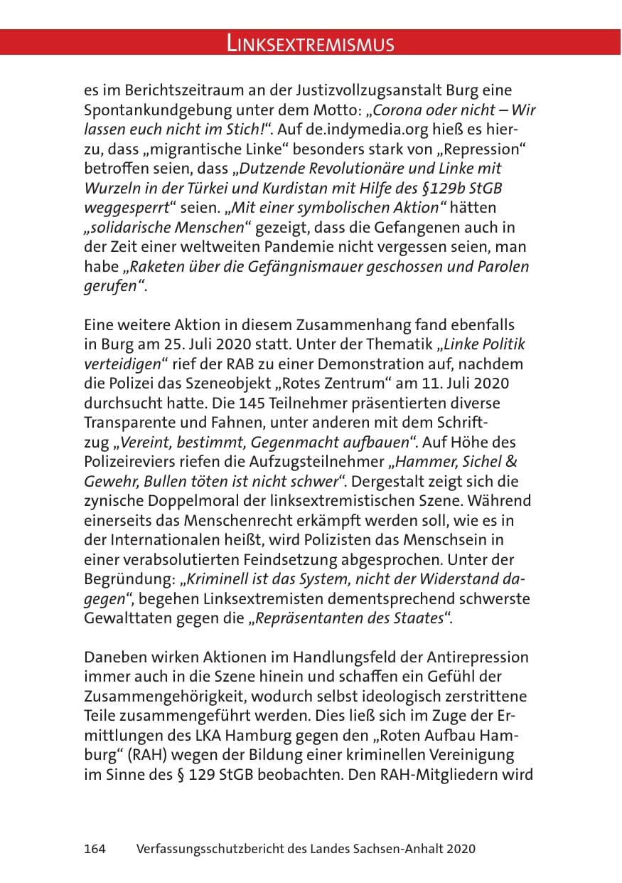Seite 166 des Verfassungsschutzbericht 2020 Sachsen-Anhalt