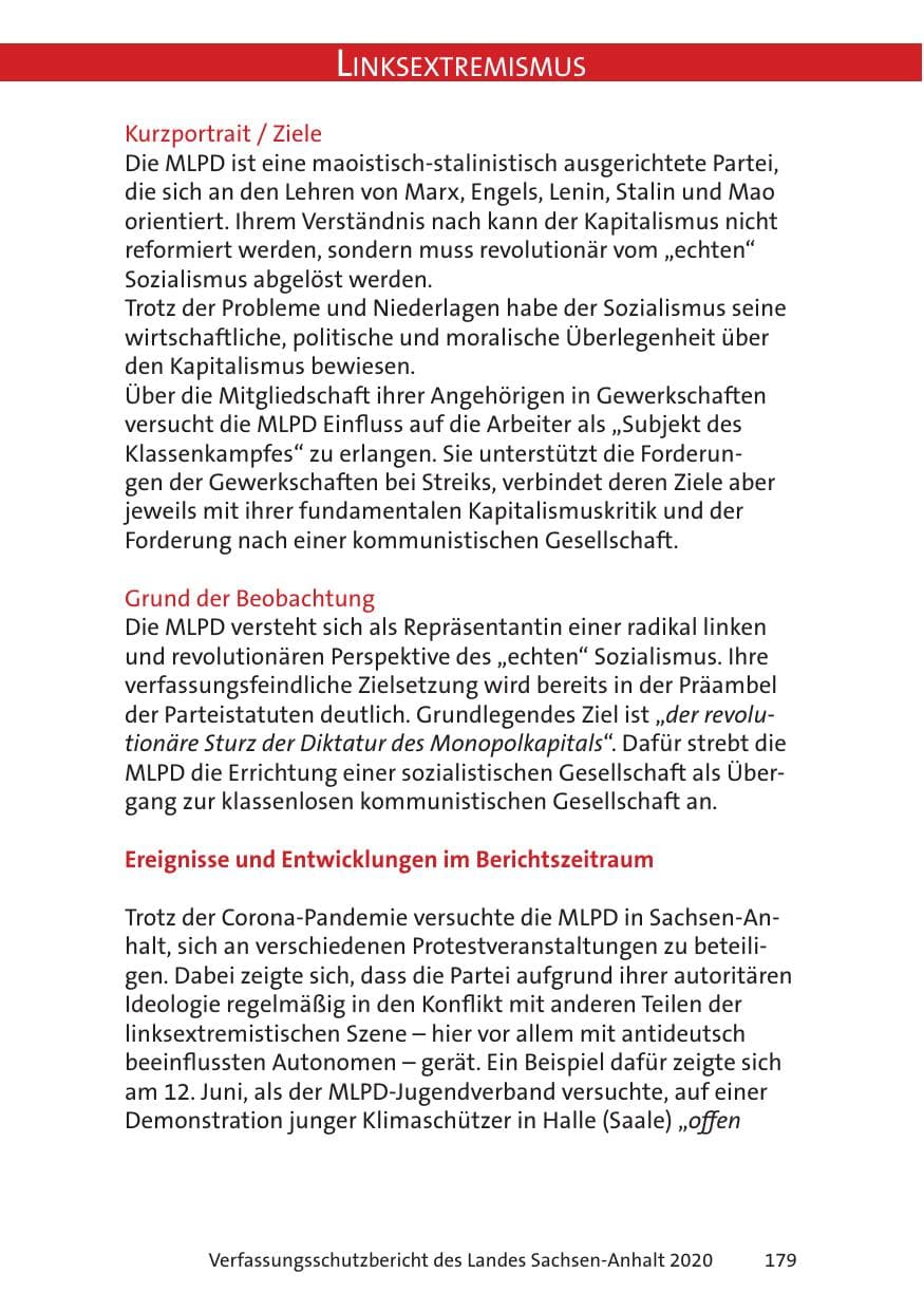 Seite 181 des Verfassungsschutzbericht 2020 Sachsen-Anhalt