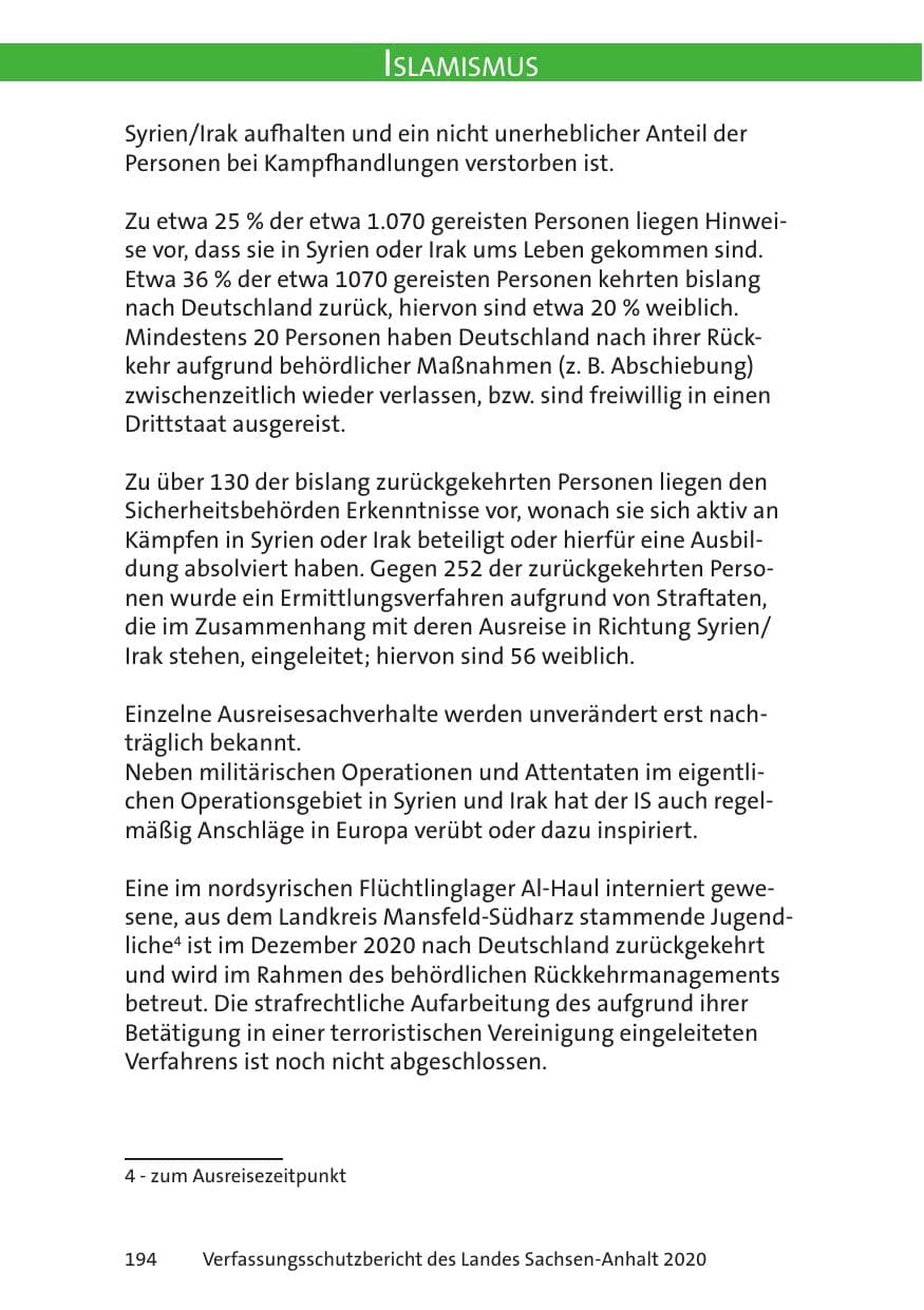 Seite 196 des Verfassungsschutzbericht 2020 Sachsen-Anhalt