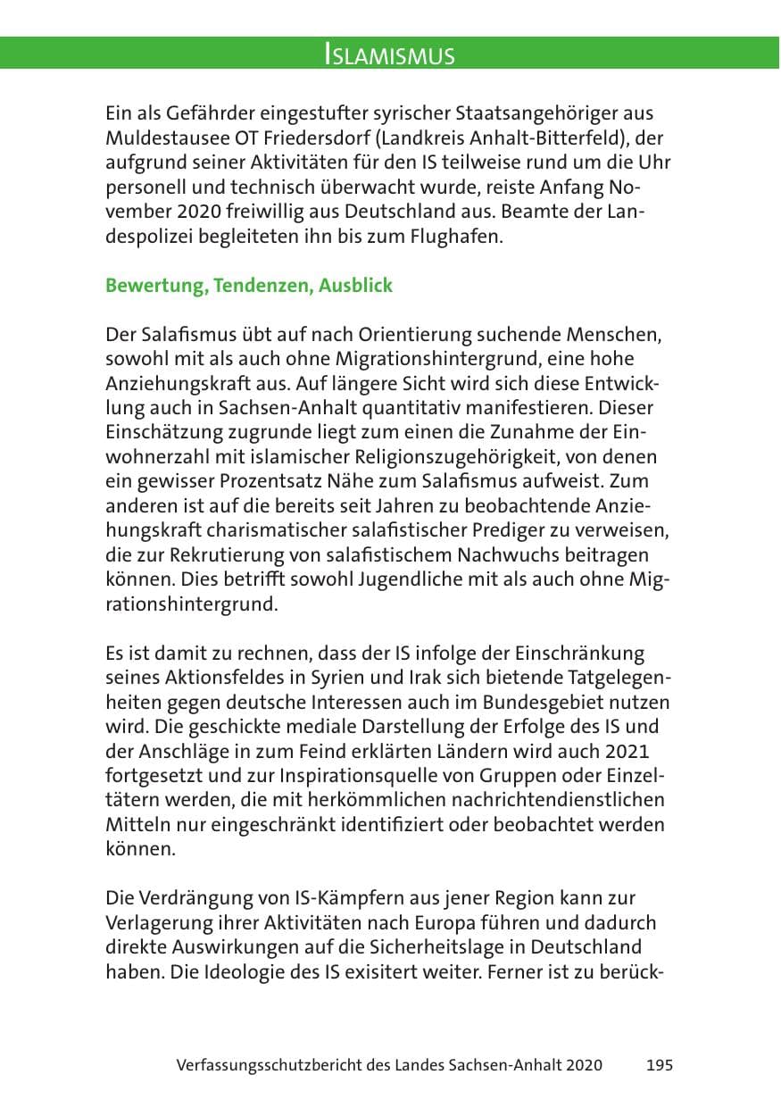 Seite 197 des Verfassungsschutzbericht 2020 Sachsen-Anhalt