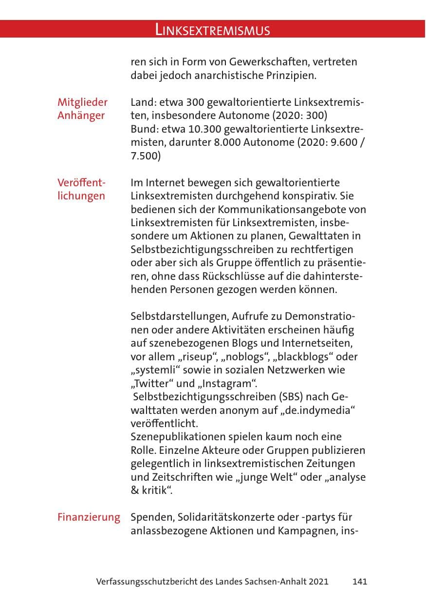 Seite 143 des Verfassungsschutzbericht 2021 Sachsen-Anhalt
