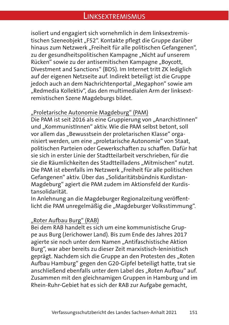 Seite 153 des Verfassungsschutzbericht 2021 Sachsen-Anhalt