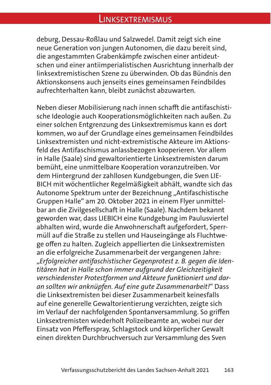Seite 165 des Verfassungsschutzbericht 2021 Sachsen-Anhalt