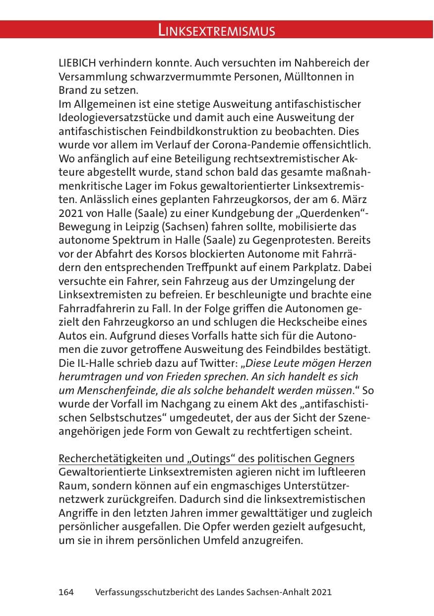 Seite 166 des Verfassungsschutzbericht 2021 Sachsen-Anhalt